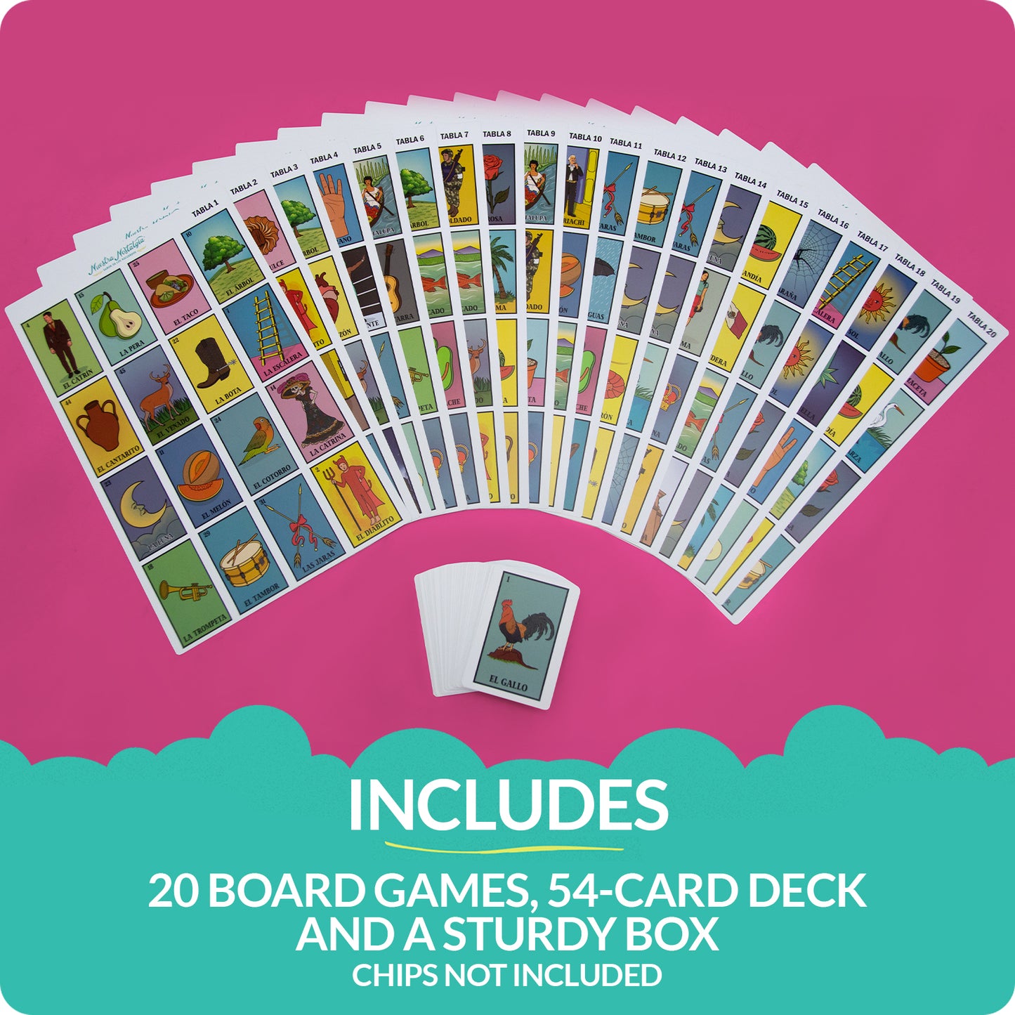 Nuestra Nostalgia Loteria | Traditional Loteria Mexicana Game | 20 Water Resistant Boards and Card Deck