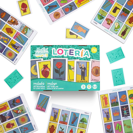 Nuestra Nostalgia Loteria | Traditional Loteria Mexicana Game | 20 Water Resistant Boards and Card Deck